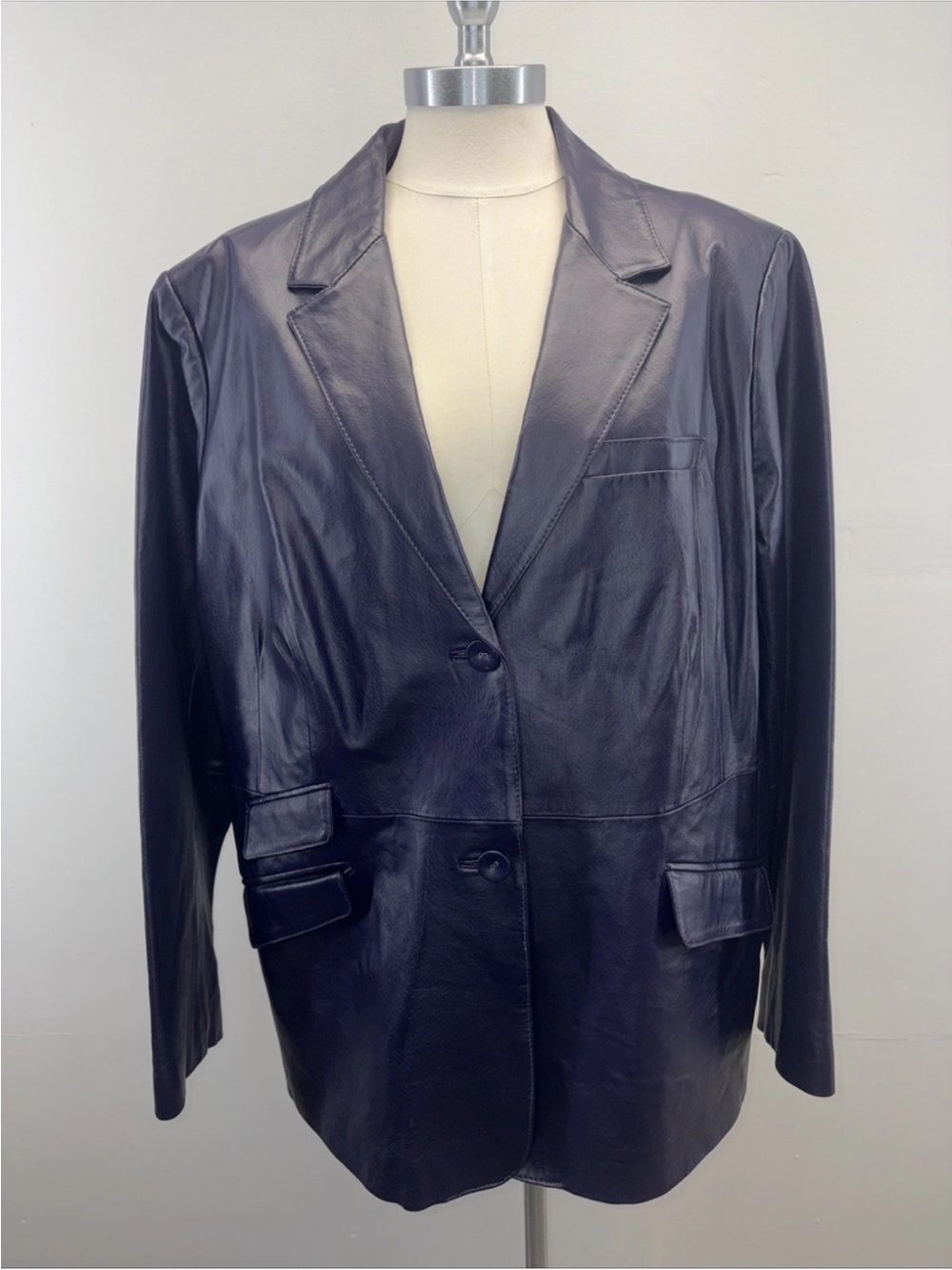 Women's Classic Dark Navy 100% Genuine Leather Blazer Jacket